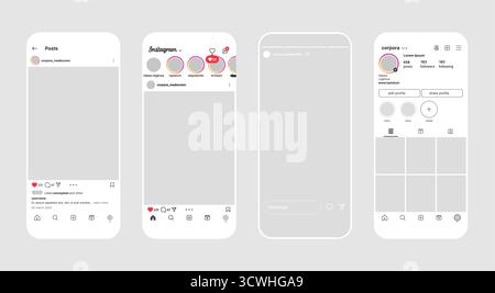 Kiev, Ukraine - 7 juin 2025, maquette vectorielle réelle de l'interface utilisateur de l'application vectorielle Instagram. Modèle moderne de profil de médias sociaux, de flux et de mise en page d'écran d'histoire pour la conception mobile. Illustration de Vecteur