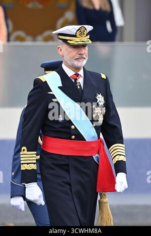 Roi Felipe VI, Roi Felipe VI, lors du défilé national et militaire solennel pour Dia de la Hispanidad, à la Plaza de Neptuno le 12 octobre 2025 in Banque D'Images