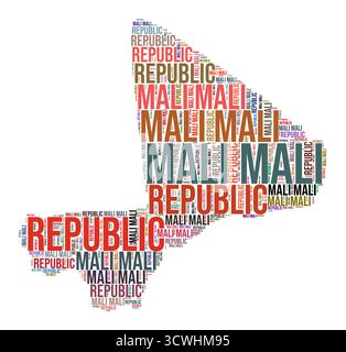 Nuage de mots en forme de pays Mali. Illustration de pays de style typographique. Image Mali dans le style nuage de texte. Illustration vectorielle. Illustration de Vecteur