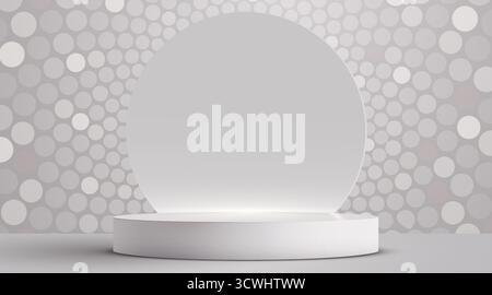 Scène de podium 3D minimaliste avec un fond circulaire, idéal pour l'affichage de produits. Plate-forme blanche élégante sur un subtil fond gris pointillé. Illustration vectorielle Illustration de Vecteur