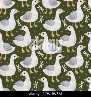 Modèle sans couture d'oies aquarelles de style dessin animé avec libellule sur un fond vert foncé Banque D'Images