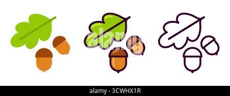 Symbole de chêne, feuille de chêne et gland. Icône de ligne noire et blanche, couleur et dessin de dessin animé plat. Illustration clip art vectorielle simple. Illustration de Vecteur