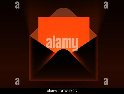 Carte message orange éclatante dans une enveloppe abstraite sombre. Un concept moderne pour les nouveaux systèmes de communication et de notification. Illustration vectorielle Illustration de Vecteur
