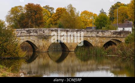 Sturminster Newton, Dorset, Royaume-Uni. 12 octobre 2025. Météo Royaume-Uni : couleurs d'automne à Sturminster Newton Mill, Dorset. Sturminster Newton Mill est l'un des rares moulins en activité sur la rivière Stour, qui fait partie d'une série d'anciens moulins à farine construits sur la rivière. C'est un moulin à eau entièrement fonctionnel produisant de la farine qui est vendue dans les magasins du Musée et du Moulin et est un merveilleux morceau d'archéologie industrielle. Crédit : Carolyn Jenkins/Alamy Live News Banque D'Images