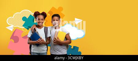 Collage présentant Joyful Children Ready for School avec des livres colorés et un fond lumineux Banque D'Images