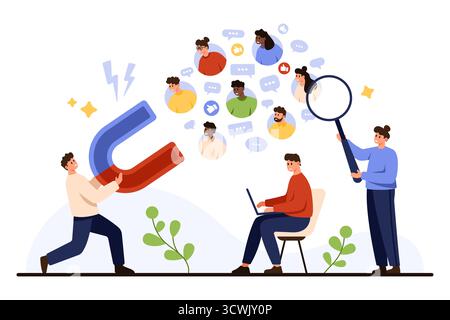Équipe commerciale attirant et analysant divers publics en ligne avec aimant, ordinateur portable et loupe, représentant l'engagement de la marque et la stratégie de marketing numérique isolé sur l'illustration vectorielle de fond blanc Illustration de Vecteur