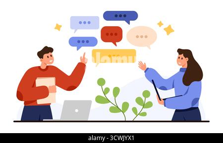 Deux collègues échangeant des commentaires et discutant des idées avec des bulles de discours, des ordinateurs portables et des documents, représentant le travail d'équipe et la communication, isolés sur fond blanc illustration vectorielle Illustration de Vecteur