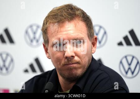 L'entraîneur-chef allemand Julian Nagelsmann lors d'une conférence de presse au Clearer Twist National Stadium à Windsor Park, Belfast. Date de la photo : dimanche 12 octobre 2025. Banque D'Images