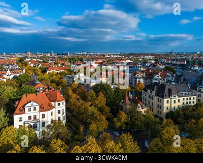 Vue panoramique aérienne de la ville de Munich, Allemagne la ligne d'horizon présente un mélange de monuments historiques et d'architecture moderne, mettant en valeur la tête bavaroise Banque D'Images