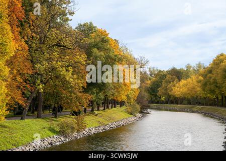 Arbres à feuilles colorées dans le feuillage d'automne jaune et orange par Djurgårdskanalen, à Stockholm, avec des feuilles colorées d'automne sur une journée ensoleillée d'octobre Banque D'Images