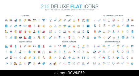 Ensemble complet d'icônes plates couvrant les vêtements, la beauté, les accessoires, les tailles, les caractéristiques du tissu, et maquillage pour la mode moderne, le style et la conception textile illustration vectorielle isolée Illustration de Vecteur