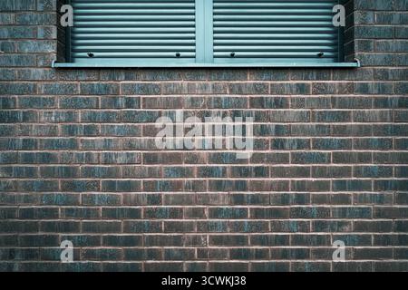 Fenêtre extérieure avec volet roulant métallique fermé, protection et détail de sécurité. Espace de copie inclus. Banque D'Images