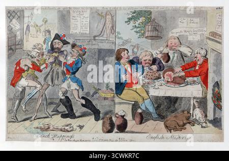 Gravure de l'époque géorgienne par Isaac Cruikshank 1793 18ème siècle français bonheur anglais misère, vintage antique estampe d'art couleur à la main gravure publiée par S W Fores et Carl de Vink, contraste satiriquement la souffrance perçue des révolutionnaires français (sans-culottes) avec la fête et l'abondance dans une taverne anglaise Banque D'Images