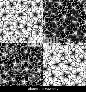 Ensemble de beau fond sans couture noir et blanc avec des fleurs et des feuilles Illustration de Vecteur