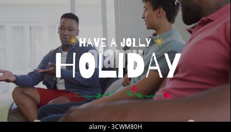Ayez une image de texte Jolly Holiday sur les personnes assis et parlant dans le salon Banque D'Images