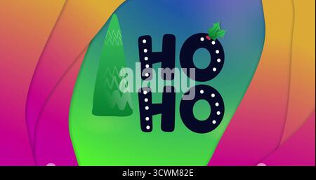 Image de formes orange et rose sur le texte hoho avec arbre de noël sur fond bleu et vert Banque D'Images