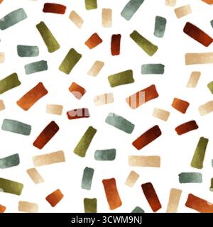 Cette œuvre présente un motif abstrait vibrant de rectangles aquarelles colorées placés au hasard dans des teintes terreuses sur un fond blanc éclatant, idéal pour les projets créatifs, ajoutant ludique et modernité Banque D'Images