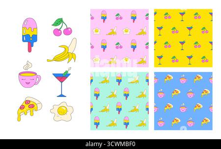 Autocollant rétro motif sans couture drôle de dessin animé. Sticker comique psychédélique style hippie, groovy trendy années 90 dessin animé sans limite fond. Décoration de modèle d'emballage de tissu textile imprimé vectoriel sans fin Illustration de Vecteur