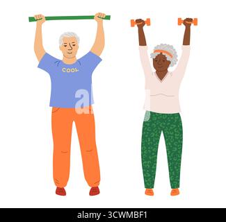 Couple âgé faisant du sport, exercices avec haltères et bande élastique. Exercice de santé senor adulte et senora sur la réhabilitation. Personnages âgés hommes âgés, femmes conception de vecteur de forme physique thérapeutique Illustration de Vecteur