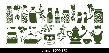 Jeu de symboles de médecine Ayurveda. Signe illustration vectorielle ayurvédique médicale. Bouteille de médecine avec des pilules capsules vitamine, cosmétiques. Teindre le thé et la tasse de théière, le gingembre et les épices. Herbes et fleurs Illustration de Vecteur