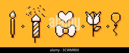 Un ensemble d'icônes blanches et jaunes Pixel art. Bougie, popper de fête, coeur, arc, fleur, et ballon. Illustration de Vecteur
