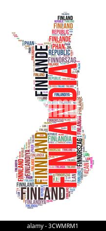 Nuage de mots en forme de pays Finlande. Illustration de pays de style typographique. Image Finlande dans le style nuage de texte. Illustration vectorielle. Illustration de Vecteur