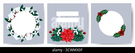 Charmant ensemble de trois fonds vectoriels carrés parfaits pour les médias sociaux ou les invitations. Armatures circulaires avec feuillage d'hiver, y compris coton Illustration de Vecteur