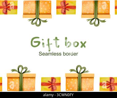 Bordure sans couture avec cadeaux orange festifs. L'illustration aquarelle d'une boîte cadeau est parfaite pour les impressions, le décor et les cartes. Banque D'Images