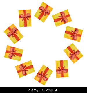 Cadre rond festif avec coffrets cadeaux décorés de rubans rouges. Illustration aquarelle adaptée à l'impression, aux cartes et au décor. Banque D'Images