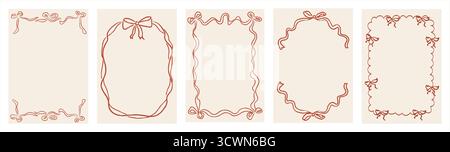 Bordures de cadre de ruban dessinées à la main avec des noeuds vintage pour cartes de vœux, invitations, modèles de médias sociaux. Ensemble de décoration fantaisiste élégant pour Illustration de Vecteur