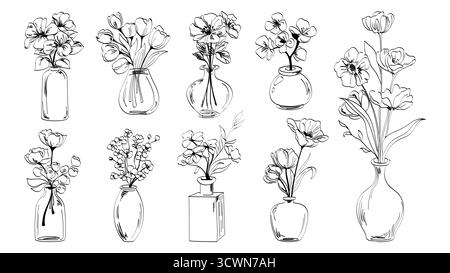 Collection de fleurs de vase Doodle dans le style de contour - tulipes, coquelicots et fleurs sauvages disposés dans des bouteilles en verre, des pots et des récipients en céramique. Illustrations de croquis noirs minimalistes de bouquets floraux. Illustration de Vecteur