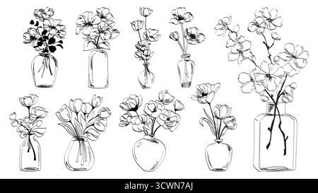 Bouquets de fleurs dessinés à la main dans des vases en verre isolés sur fond blanc. Illustration vectorielle d'esquisses de composition florale, de grappes élégantes de tulipes et de roses pour la décoration intérieure ou textile Illustration de Vecteur