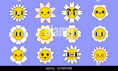 Jeu de personnages groovy Marguerite avec visages expressifs. Centres jaunes et pétales blancs affichant des émotions - heureux et en colère, lunettes de soleil portant et yeux étoilés. Autocollants de fleurs de dessin animé rétro ou émoticônes. Illustration de Vecteur