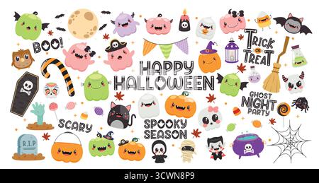 Happy Halloween Elements clipart Set. Joyeux salut d'Halloween avec collection d'art clip de caractère mignon et effrayant pour décoration de fête de nuit fantôme Illustration de Vecteur