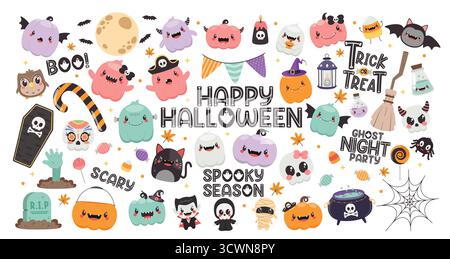 Halloween Elements clipart Set. Joyeuse salutation d'Halloween et personnages effrayants clip art collection astuce ou traiter des éléments de bande dessinée comme monstre Illustration de Vecteur