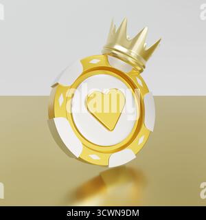 Icône 3D d'un jeton de casino avec un costume de coeur, orné d'une couronne d'or. Banque D'Images