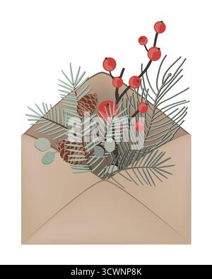 Composition de Noël de branches d'hiver dans une enveloppe. Illustration isolée vectorielle Illustration de Vecteur