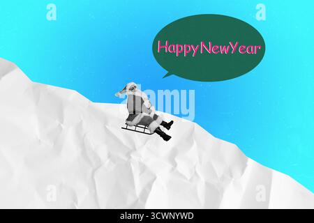 Illustration composite collage 3D de père noël vieilli homme glisser vers le bas traîneau discours nuage carte de voeux nouvel an vacances hiver décembre Banque D'Images