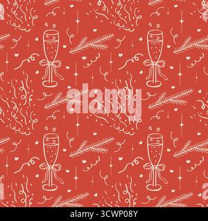 Coquette core New Year motif festif sans couture confettis et coeurs. Ligne dessinée à la main doodle verre de champagne et ruban arc sur fond rouge. Whimsica Illustration de Vecteur