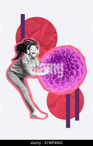 Croquis image tendance illustration collage photo de fleuriste nature botanique saison jeune femme excité sourire saut casque musique main tenir fleur Banque D'Images