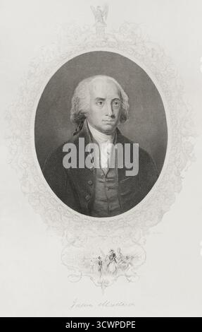 James Madison (1751-1836) Homme d'État américain, diplomate et père fondateur. Quatrième Président des États-Unis d'Amérique (1809-1817). Portrait. Gravure de C. Cook d'après Gilbert Stuart (1755-1828). Histoire des États-Unis, par J. A. Spencer. Volume III Edition publié à Barcelone, 1873. Banque D'Images
