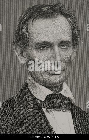 Abraham Lincoln (1809-1865) Politicien et avocat américain. 16e président des États-Unis d'Amérique, du 4 mars 1861 jusqu'à son assassinat le 14 avril 1865 au Ford's Theatre à Washington, D.C. Lincoln a dirigé les États-Unis pendant la guerre de Sécession, battant les États confédérés et jouant un rôle majeur dans l'abolition de l'esclavage. Portrait. Gravure. Détail. Histoire des États-Unis, par J. A. Spencer. Volume III Edition publié à Barcelone, 1873. Banque D'Images