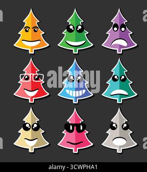 Émoticônes Emoji icônes dans l'expression de l'arbre de Noël de style graphiques symboles face pictogramme d'amuser les gens sourire droit Illustration de Vecteur
