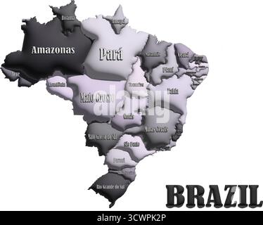 Carte du Brésil – illustration vectorielle de ballon monochrome 3D du contour du pays pour la géographie, les voyages et l'éducation Illustration de Vecteur
