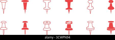 Icône Push PIN définie. Fournitures de bureau, tableau d'affichage et outils d'organisation Outline et Silhouette Symbol Collection. Papeterie et planification Illustration de Vecteur