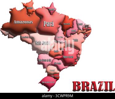 Carte du Brésil – illustration vectorielle en ballon rouge 3D du contour du pays pour la géographie, les voyages et l'éducation Illustration de Vecteur