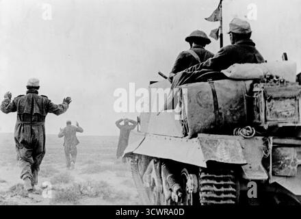 TOBROUK, LIBYE - janvier 1942 - L'infanterie allemande se rend aux hommes de l'unité de porte-avions Bren de l'armée néo-zélandaise. Un prisonnier blessé peut être vu à cheval à l'arrière du porte-avions, près de Tobrouk, en Libye. Ces troupes alliées de la 8e armée auraient combattu dans l'opération Crusader qui a culminé avec la levée de la seige de Tobrouk, d'où la date sur cette photo peut être légèrement erronée (l'opération Crusader se terminant le 30 décembre 1941). Si la date est correcte, il se peut que des opérations de nettoyage aient été effectuées autour de Tobrouk en janvier 1941 - photo : Geopix Banque D'Images