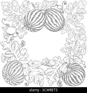 Plante de pastèque avec cadre de contour de fruits. Illustration de Vecteur