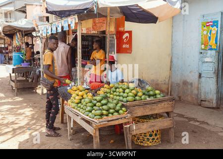 Miandrivazo, Madagascar - 11 octobre 2025 : exposition abondante de mangues vertes et jaunes sur un stand de vendeurs dans le quartier animé du marché de Miandrivazo, Mena Banque D'Images