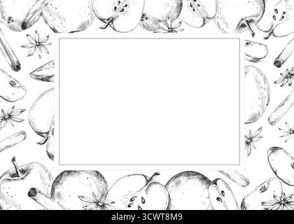 Modèle de cadre prêt à l'emploi de pommes, tranches, cannelle, étoiles d'anis. Copier l'espace pour le texte. Clipart alimentaire d'automne. Illustration à l'encre dessinée à la main pour la nourriture Banque D'Images